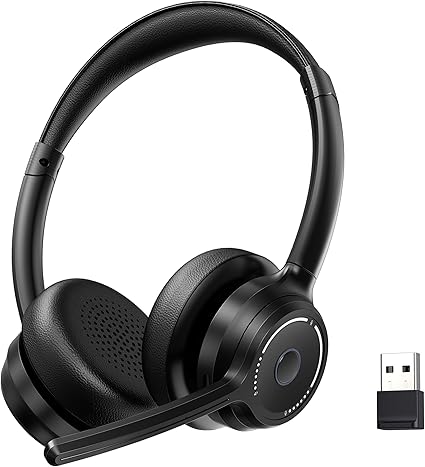 Bluetooth Wireless Headset with Noise-Canceling Mic – On-Ear Office Headphones with USB Dongle & Mute Button