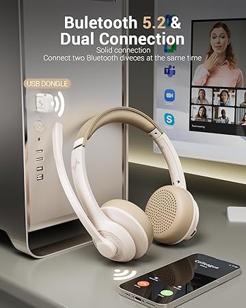 Bluetooth 5.2 Wireless Headset with AI Noise-Canceling Mic – USB Dongle & Mute for PC, Laptop, Phone, Zoom (Apricot)